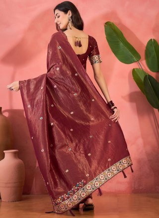 Wine Shimmer Classic Sari with Jacquard and Woven Work for Casual