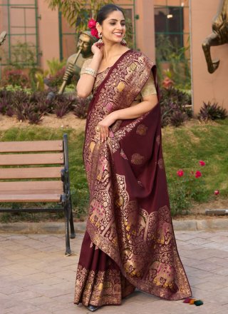 Wine Silk Classic Saree with Swarovski and Weaving Work