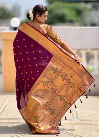 Wine Silk Classic Sari with Jacquard Work for Women