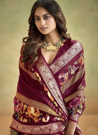 Wine Silk Contemporary Sari with Patch Border, Floral Patch and Weaving Work