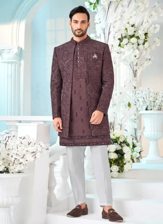 Wine Silk Embroidered Work Indo Western for Ceremonial