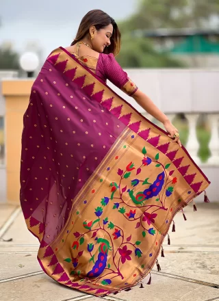 Wine Silk Jacquard and Meenakari Work Classic Sari for Women