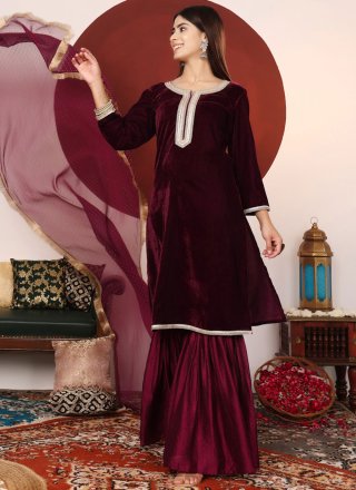 Wine Silk Palazzo Salwar Suit
