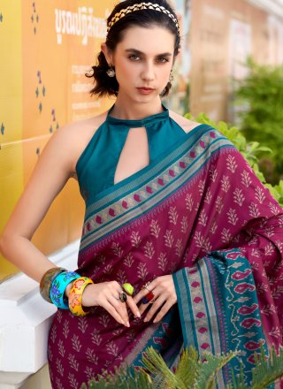 Wine Silk Patch Border, Weaving and Zari Work Traditional Saree for Ceremonial