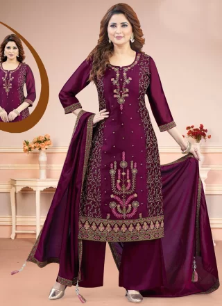 Wine Silk Readymade Salwar Suit with Embroidered Work