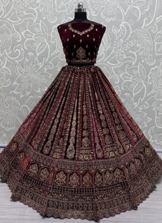 Wine Velvet Diamond, Dori, Fancy, Floral Patch, Hand, Mirror and Zari Work Lehenga Choli for Bridal
