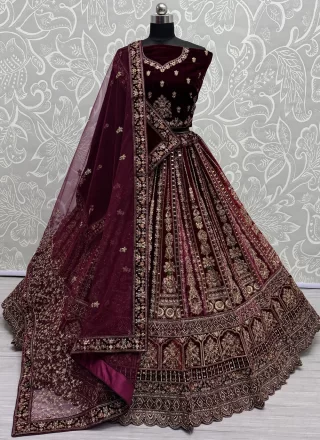 Wine Velvet Diamond, Dori, Fancy, Floral Patch, Hand, Mirror and Zari Work Lehenga Choli for Bridal