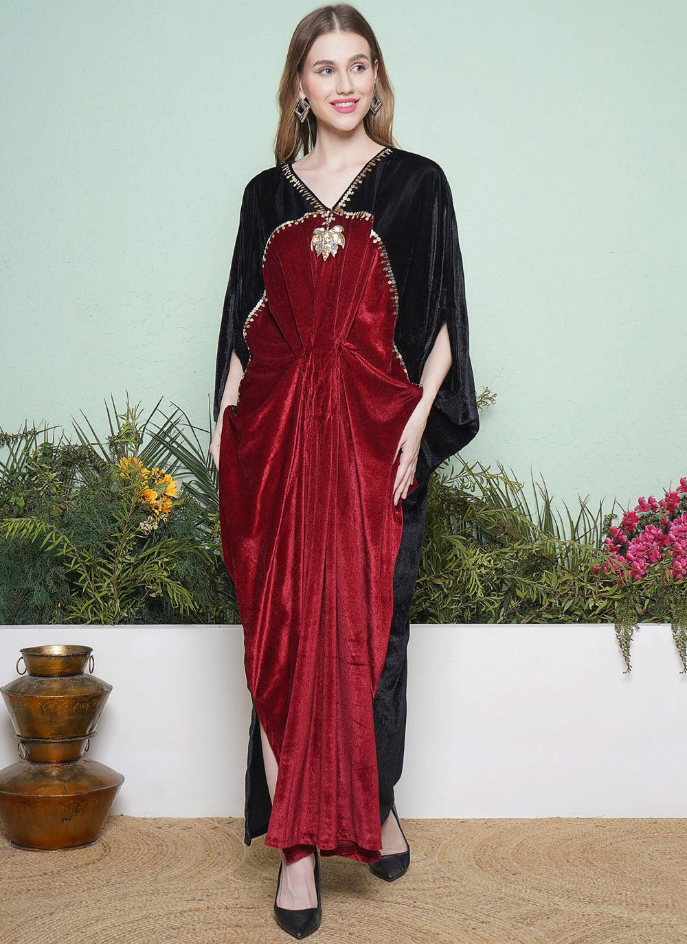 Buy Wine Velvet Embroidered Work Designer Gown for Festival Online