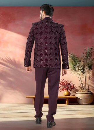 Wine Velvet Tuxedo Suit with Embroidered, Sequins and Thread Work for Ceremonial