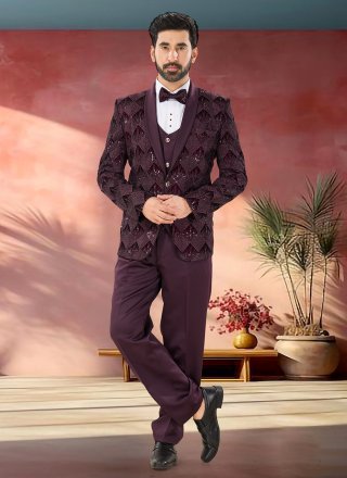 Wine Velvet Tuxedo Suit with Embroidered, Sequins and Thread Work for Ceremonial