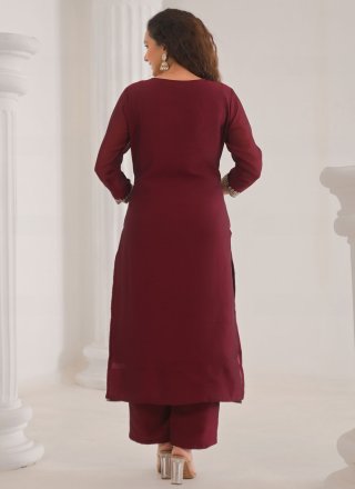 Wine Vichitra Silk Straight Salwar Suit with Embroidered, Sequins and Zari Work