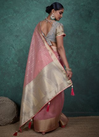 Woven and Zari Work Linen Contemporary Sari In Pink Color