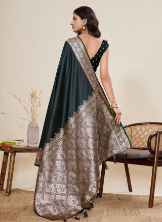 Woven and Zari Work Satin Silk Classic Sari In Green