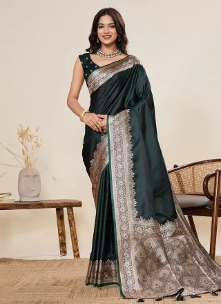 Woven and Zari Work Satin Silk Classic Sari In Green