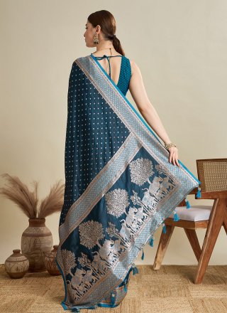 Woven and Zari Work Satin Silk Contemporary Sari In Teal