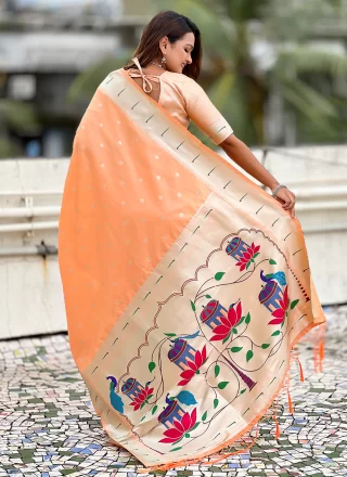 Woven and Zari Work Silk Trendy Saree In Peach for Ceremonial