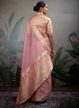 Woven and Zari Work Tissue Contemporary Saree In Pink for Casual