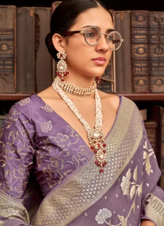 Woven and Zari Work Viscose Designer Sari In Lavender Colour