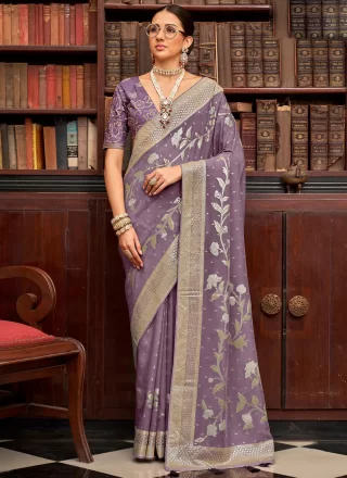 Woven and Zari Work Viscose Designer Sari In Lavender Colour