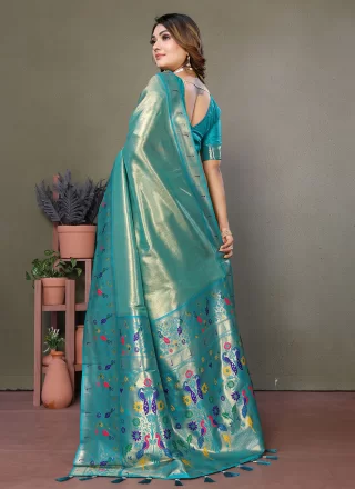 Woven Work Banarasi Silk Classic Sari In Aqua Blue for Ceremonial
