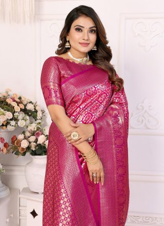 Woven Work Banarasi Silk Contemporary Sari In Magenta Color