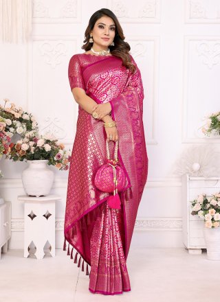 Woven Work Banarasi Silk Contemporary Sari In Magenta Color