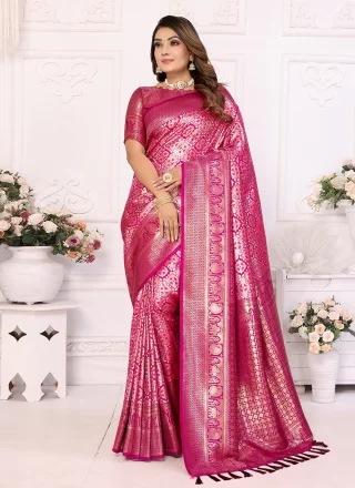 Woven Work Banarasi Silk Contemporary Sari In Magenta Color