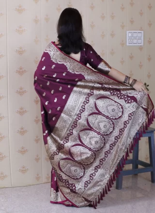Woven Work Banarasi Silk Trendy Saree In Wine