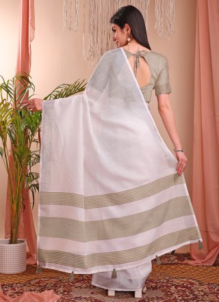 Woven Work Cotton Classic Sari In White