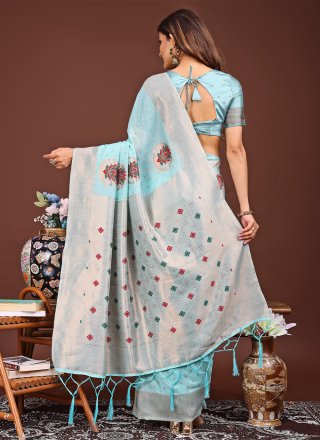 Woven Work Cotton Contemporary Sari In Aqua Blue Color