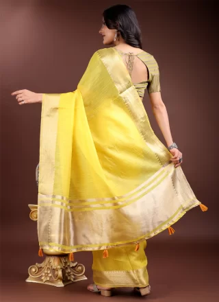 Woven Work Cotton Trendy Saree In Yellow for Casual