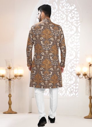 Woven Work Linen Indo Western In Brown