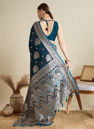 Woven Work Satin Silk Contemporary Saree In Teal Color