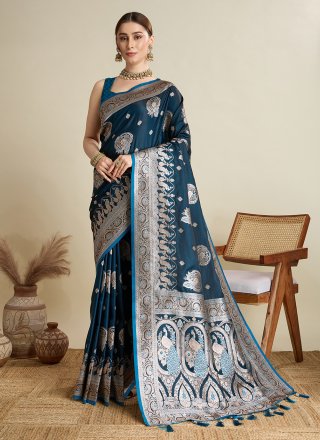 Woven Work Satin Silk Contemporary Saree In Teal Color
