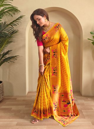 Woven Work Silk Classic Saree In Mustard Color