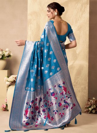 Woven Work Silk Contemporary Saree In Blue Colour