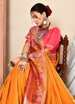 Woven Work Silk Contemporary Sari In Mustard Colour