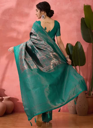 Woven Work Silk Trendy Saree In Rama Colour