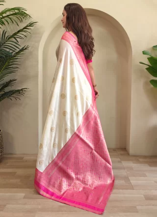 Woven Work Silk Trendy Saree In White Color