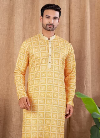 Yellow Art Silk Digital Print and Embroidered Work Kurta Pyjama for Ceremonial