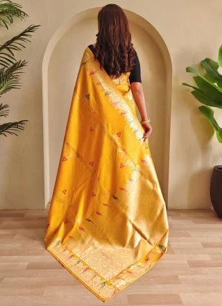 Yellow Banarasi Silk Weaving Work Classic Saree for Party