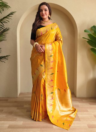 Yellow Banarasi Silk Weaving Work Classic Saree for Party