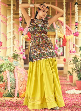 Yellow Banglori Silk Lehenga Choli with Embroidered and Gamthi Work for Sangeet