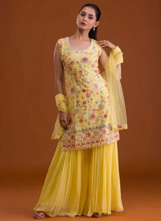 Yellow Beads, Embroidered and Mirror Work Faux Georgette Palazzo Salwar Suit