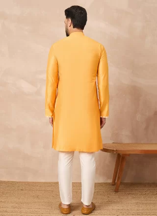 Yellow Blended Cotton Kurta Pyjama with Beads Work