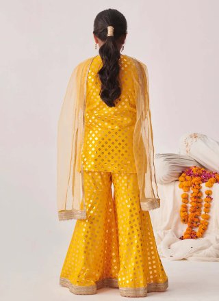 Yellow Blended Cotton Salwar Suit with Lace Work for Kid