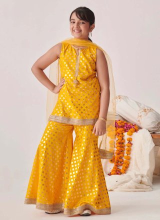 Yellow Blended Cotton Salwar Suit with Lace Work for Kid