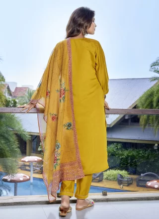 Yellow Chanderi Embroidered and Print Work Pant Style Suit