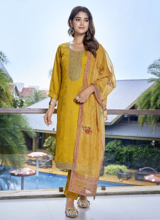 Yellow Chanderi Embroidered and Print Work Pant Style Suit