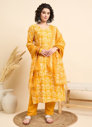 Yellow Chanderi Print Work Salwar Suit for Ceremonial